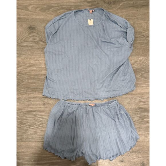NWT Eberjey Pointelle Short-Sleeve Tee and Shorts Set in Blue Anthropologie - Picture 2 of 6